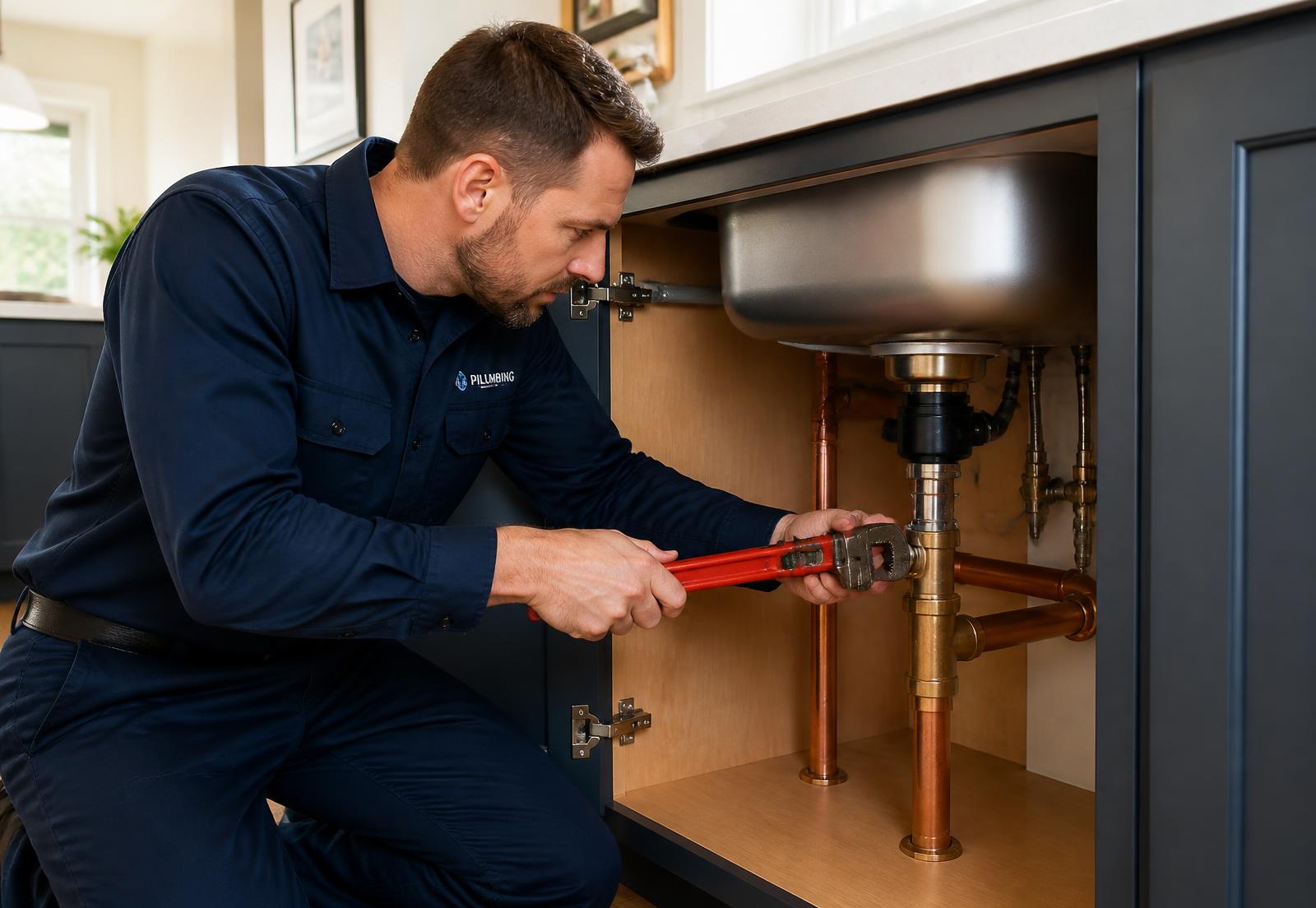 Plumber repairing copper pipes under a kitchen sink